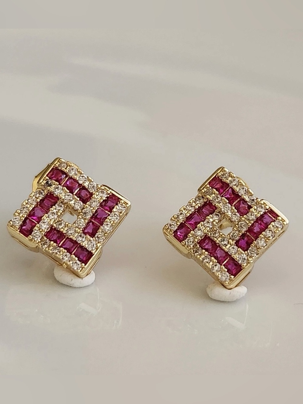 Ruby Sapphire Greek Key Stud Earrings Natural Gold Over Sterling Silver Square